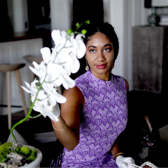 Vintage 60s Handmade Purple Mod Mini Dress Sleeveless High Neck Geometric Print - Picture 5 of 8